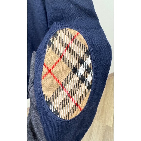 Burberry Women’s Bempton Wool Elbow Check Patches Crewneck Pullover Jumper Navy - Picture 5 of 9